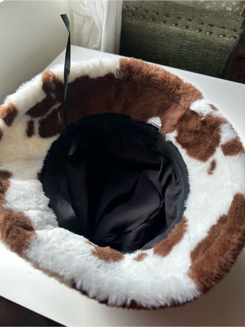 Faux Fur Cow Print Bucket Hat - Brown & White - Picture 2 of 5